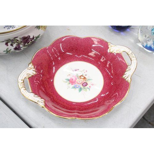 166 - TWO SPODE 'STAFFORD FLOWERS' LIDDED TUREENS, A VINTAGE COALPORT TAZA CAKE PLATE AND A COALPORT DISH