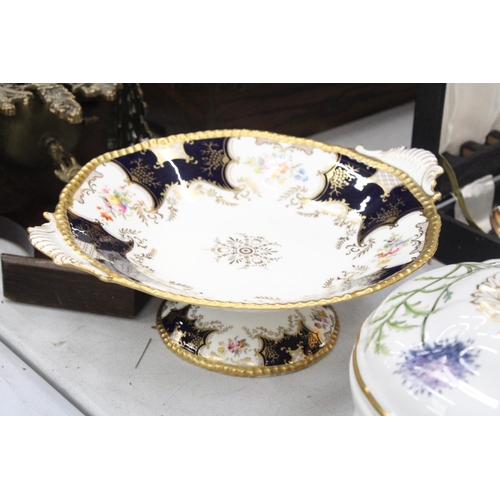 166 - TWO SPODE 'STAFFORD FLOWERS' LIDDED TUREENS, A VINTAGE COALPORT TAZA CAKE PLATE AND A COALPORT DISH