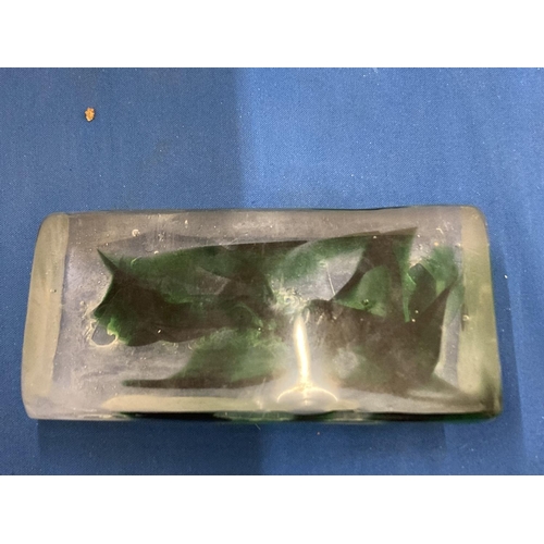 25 - A CLEAR AND GREEN GLASS ADVERTISING BLOCK, STAMPED WHITEFRIARS, 14CM X 7CM AT WIDEST POINT X 5.5CM