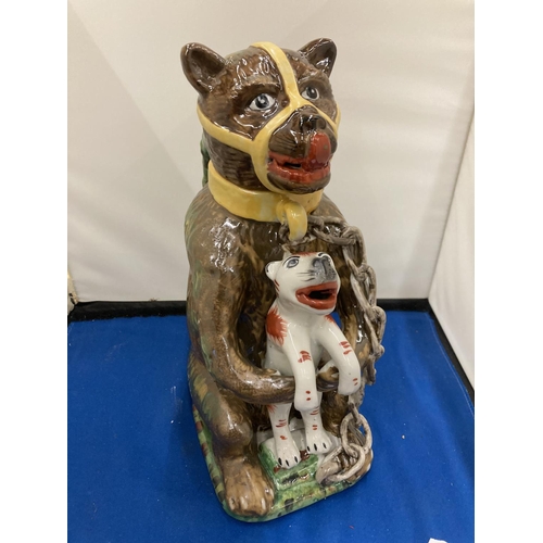 36 - A STAFFORDSHIRE BEARS GREASE ADVERTISING JUG WITH COVER DEPICTING A CHAINED BEAR CLUTCHING A SNARLIN... 