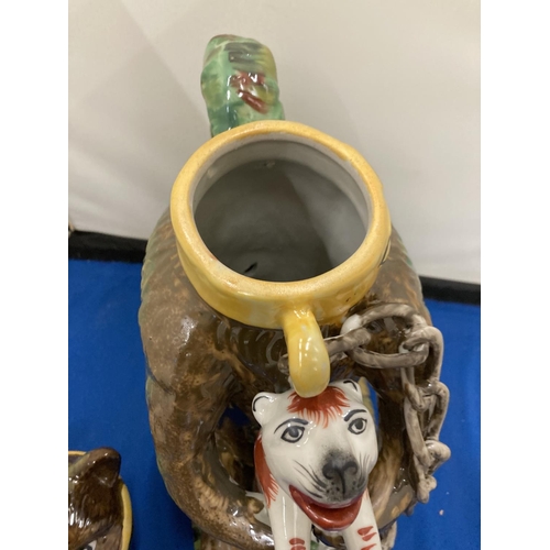 36 - A STAFFORDSHIRE BEARS GREASE ADVERTISING JUG WITH COVER DEPICTING A CHAINED BEAR CLUTCHING A SNARLIN... 