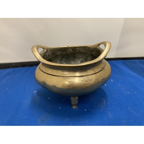 47 - A CIRCA 1880 BRASS THREE LEGGED CHINESE INCENSE BURNER