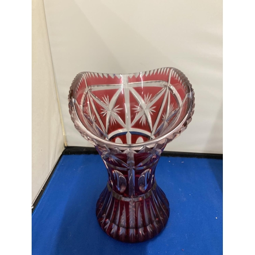 60 - A BOHEMIAN RUBY RED CUT TO CLEAR GLASS VASE POSSIBLY BIEDERMEIR