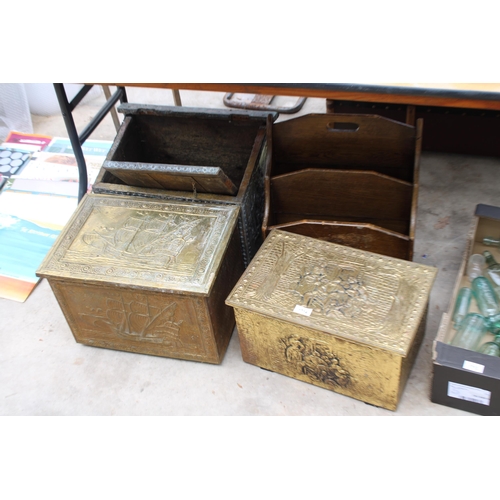 1714 - THREE VINTAGE BRASS BOUND COAL BOXES AND AN OAK MAGAZINE RACK