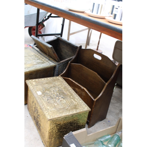 1714 - THREE VINTAGE BRASS BOUND COAL BOXES AND AN OAK MAGAZINE RACK