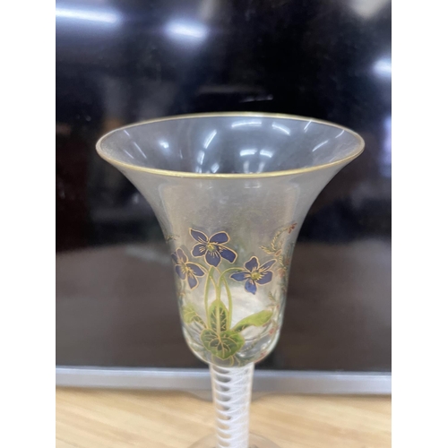 93A - A POSSIBLY 19TH CENTURY WINE GLASS, WITH WHITE TWIST INSIDE THE STEM, AND HANDPAINTED FLORAL PATTERN... 