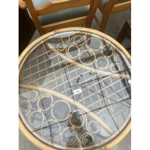 2901 - A CIRCULAR WICKER AND BAMBOO TWO TIER COFFEE TABLE WITH GLASS TOP, 26