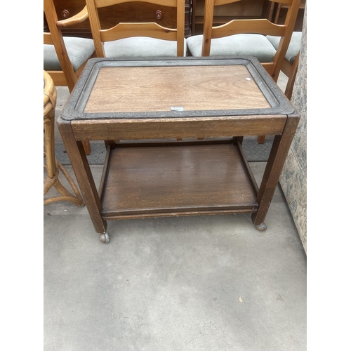 2902 - A MID 20TH CENTURY TWO TIER TROLLEY WITH LIFT-OUT PEWTER FRAMED TRAY