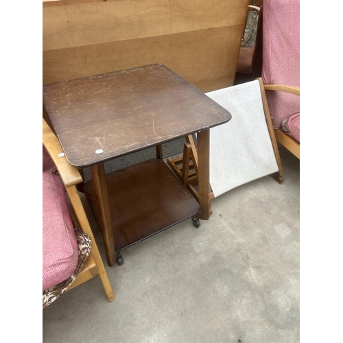 2904 - TWO SIMILAR 1950s FIRESIDE CHAIRS, BACK REST AND TV TABLE