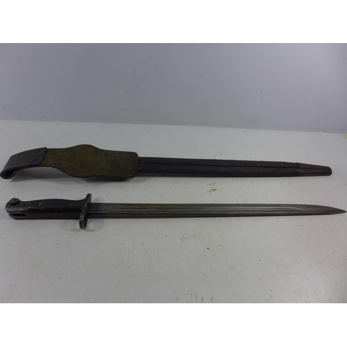 328 - A WORLD WAR ONE 1903 PATTERN BAYONET AND SCABBARD, 43CM BLADE STAMPED WILKINSON, LENGTH 63CM