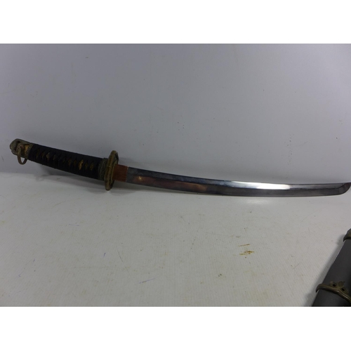 329 - A MID 20TH CENTURY JAPANESE WAKIZASHI SWORD AND SCABBARD, 46CM BLADE SIGNED TANG, LENGTH 72CM