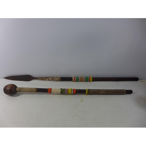 334 - A ZULU KNOBKERRIE WITH BEADWORK DECORATION, LENGTH 81CM (A/F), AND AN ASSEGAI SPEAR, LENGTH 99CM (A/... 