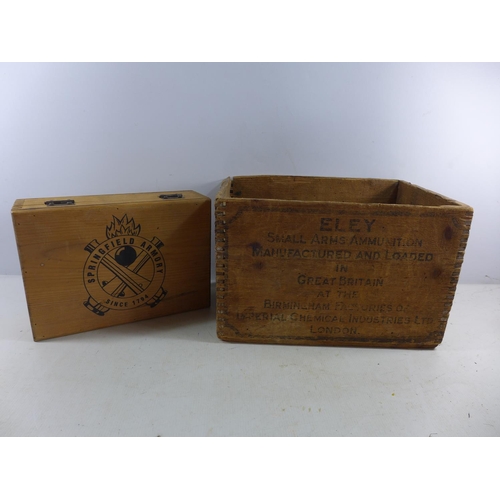 349 - A WOODEN ELEY SMALL ARMS AMMUNITION BOX AND A SPRINGFIELD ARMORY BOX