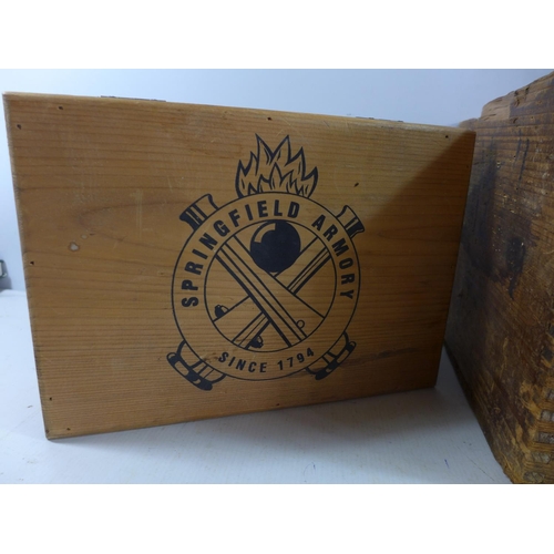 349 - A WOODEN ELEY SMALL ARMS AMMUNITION BOX AND A SPRINGFIELD ARMORY BOX