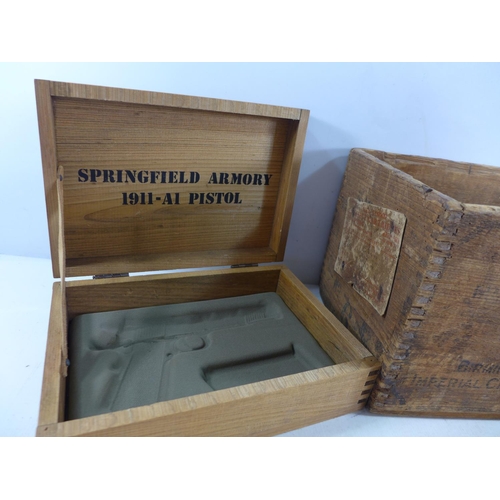 349 - A WOODEN ELEY SMALL ARMS AMMUNITION BOX AND A SPRINGFIELD ARMORY BOX