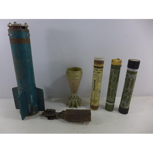 360 - A COLLECTION OF INERT MORTAR BOMBS AND HAND FIRED ROCKETS, LENGTHS FROM 23CM - 40CM (6)