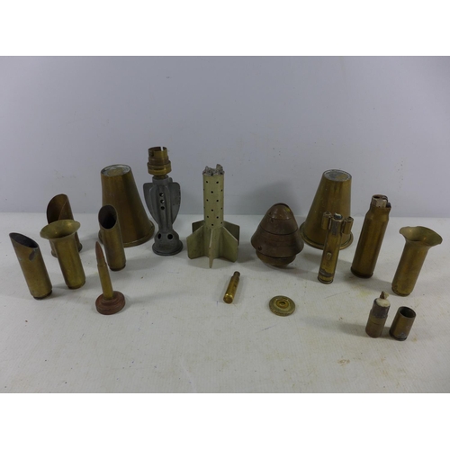 374 - A COLLECTION OF ASSORTED TRENCH ART ITEMS, TO INCLUDE LIGHTERS, VASES, MOUNTED BULLET, MORTAR LAMP E... 