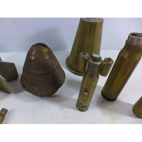 374 - A COLLECTION OF ASSORTED TRENCH ART ITEMS, TO INCLUDE LIGHTERS, VASES, MOUNTED BULLET, MORTAR LAMP E... 