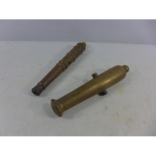 375 - TWO BRASS NON FIRING CANNON BARRELS, LENGTHS FROM 20CM - 22CM