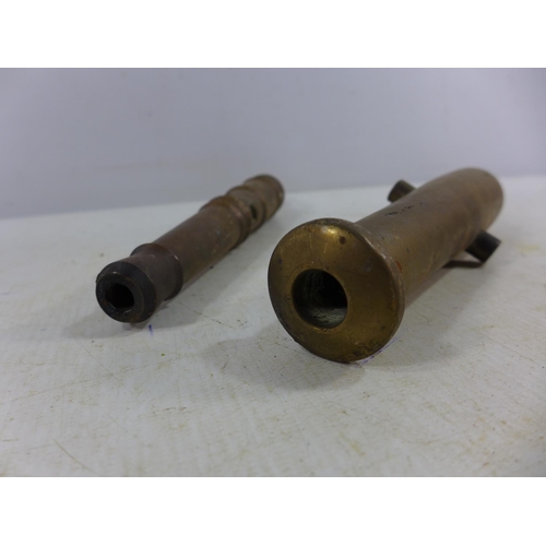 375 - TWO BRASS NON FIRING CANNON BARRELS, LENGTHS FROM 20CM - 22CM