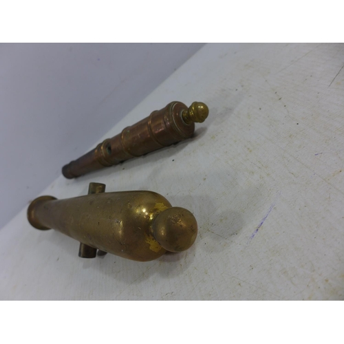 375 - TWO BRASS NON FIRING CANNON BARRELS, LENGTHS FROM 20CM - 22CM