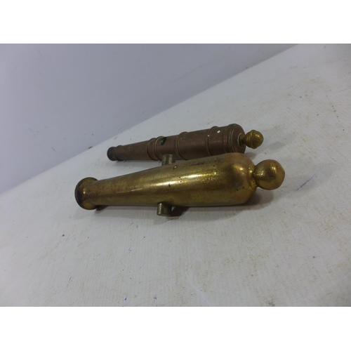 375 - TWO BRASS NON FIRING CANNON BARRELS, LENGTHS FROM 20CM - 22CM