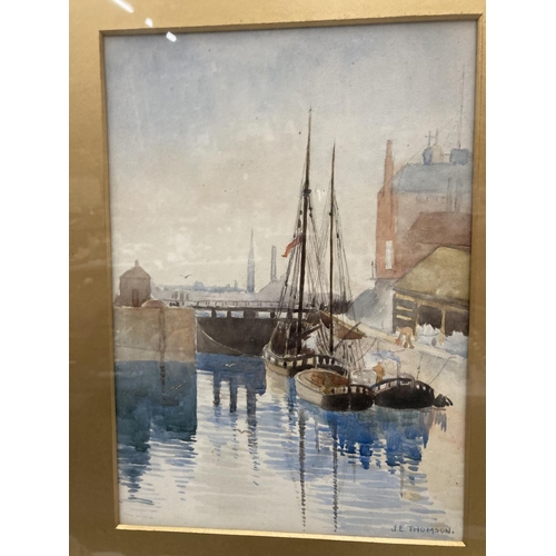 89 - A GILT FRAMED WATERCOLOUR OF BOATS BY J E THOMSON