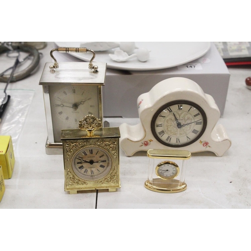 146 - FOUR MANTLECLOCKS TO INCLUDE A CARRIAGE CLCK, CERAMIC 'WESTCLOX', PLUS TWO SMALL MANTLE CLOCKS