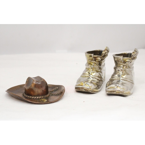 225 - A VINTAGE COPPER TEXAS COWBOY ASHTRAY PLUS A MATCHING BOOT ASHTRAY