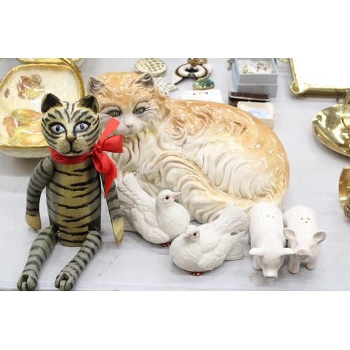 238 - A COLLECTION OF ANIMALS TO INCLUDE AN ITALIAN CERAMIC GINGER CAT, A PAIR OF DOVES, PIGS SALT AND PEP... 