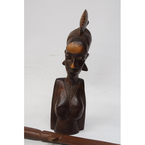 246 - AN AFRICAN CARVED, WOODEN SCULPTURE OF A WOMAN'S HEAD, PLUS A WOODEN AFRICAN STICK