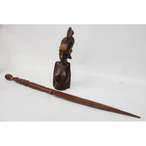 246 - AN AFRICAN CARVED, WOODEN SCULPTURE OF A WOMAN'S HEAD, PLUS A WOODEN AFRICAN STICK