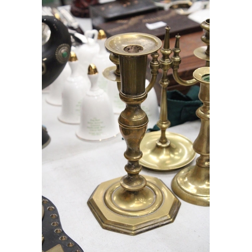 274 - THREE BRASS CANDLESTICKS AND A TWIN FRENCH CANDLEABRA