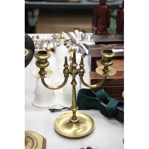 274 - THREE BRASS CANDLESTICKS AND A TWIN FRENCH CANDLEABRA