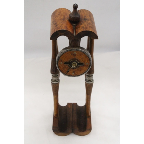 293 - A VINTAGE ARTS AND CRAFTS, BOBBIN CLOCK, HEIGHT 38CM