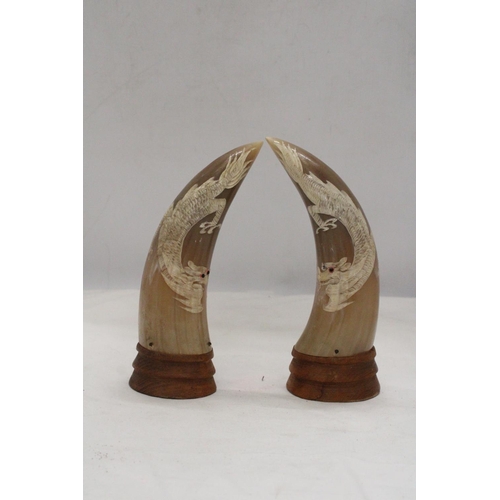 296 - A PAIR OF REAL ORIENTAL HORNS ON WOOD BASES WITH DRAGON DESIGN, HEIGHT 23CM