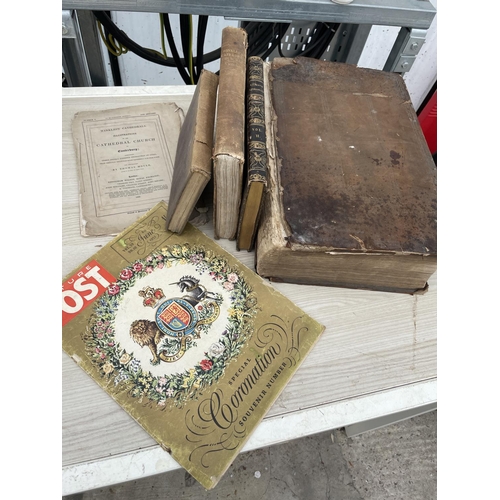 358 - A LARGE VINTAGE BIBLE AND BOOKS ON CATHEDRALS ETC