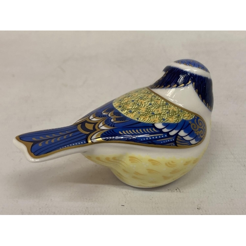 807 - A ROYAL CROWN DERBY PAPERWEIGHT GARDEN BLUE TIT WITH GOLD COLOURED STOPPER