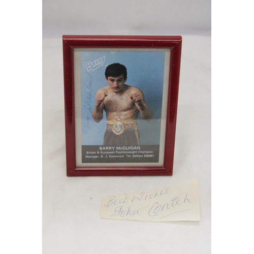 849 - A SIGNED FRAMED PHOTOGRAPH OF BARRY McGUIGAN, PLUS A JOHN CONTEH SIGNATURE