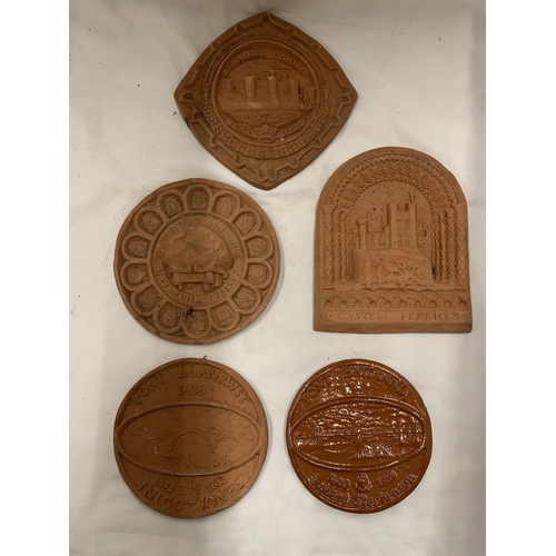 981 - FIVE, HEAVY, VINTAGE TERRACOTTA PLAQUES OF WELSH BRIDGES AND CASTLES