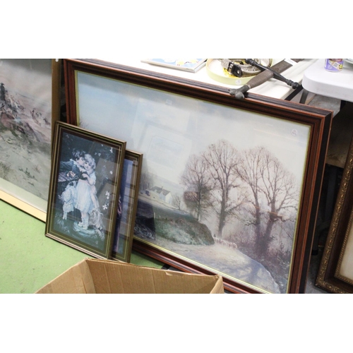 1079 - A LARGE FRAMED PRINT OF A PASTORAL SCENE, 101CM X 72CM, PLUS TWO SMALLER PRINTS OF CHILDREN