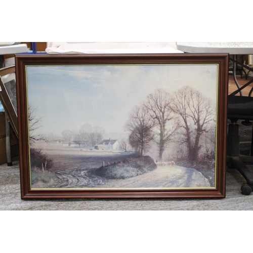 1079 - A LARGE FRAMED PRINT OF A PASTORAL SCENE, 101CM X 72CM, PLUS TWO SMALLER PRINTS OF CHILDREN