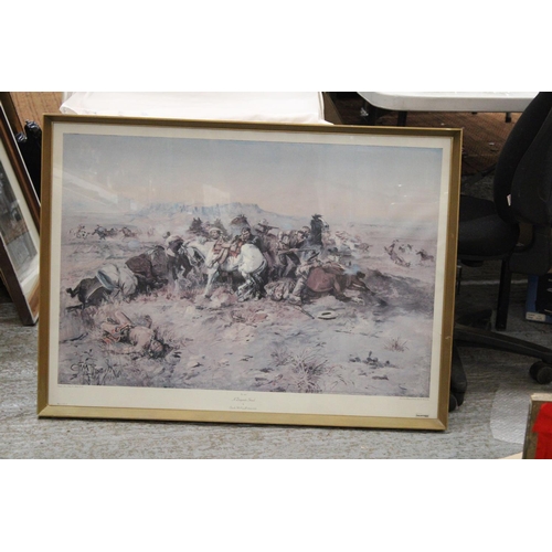 1080 - A LARGE FRAMED PRINT TITLED, 'A DESPERATE STAND', BY CHARLES M RUSSELL, 100CM X 74CM