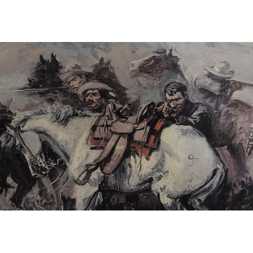 1080 - A LARGE FRAMED PRINT TITLED, 'A DESPERATE STAND', BY CHARLES M RUSSELL, 100CM X 74CM