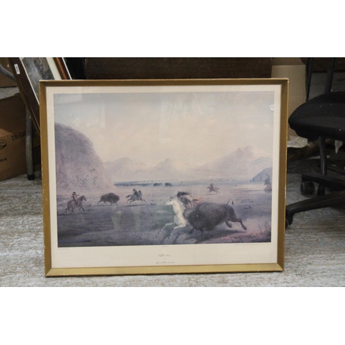 1090 - A LARGE PRINT TITLED, 'BUFFALO HUNT', 80CM 54CM