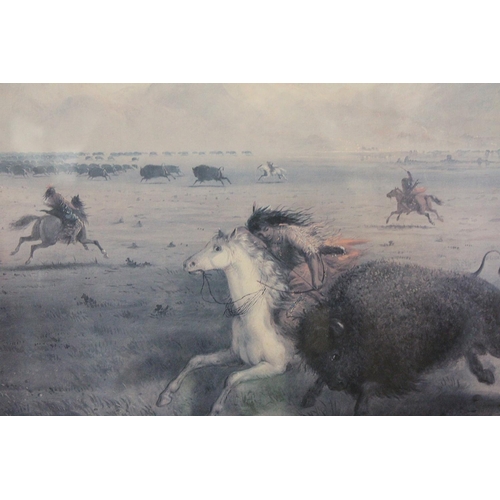 1090 - A LARGE PRINT TITLED, 'BUFFALO HUNT', 80CM 54CM