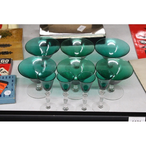 1117 - A QUANTITY OF VINTAGE, GREEN, DESSERT BOWLS AND SHERRY GLASSES