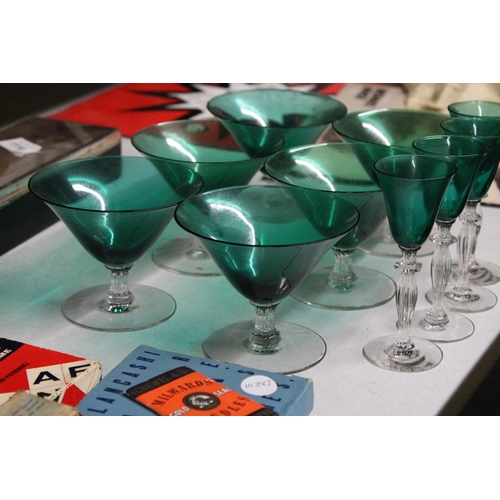 1117 - A QUANTITY OF VINTAGE, GREEN, DESSERT BOWLS AND SHERRY GLASSES