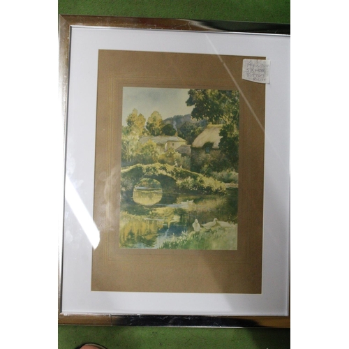 1124 - THREE FRAMED PICTURES TO INCLUDE A STILL LIFE WATERCOLOUR AND A COUNTRY HOUSE COASTAL SCENE PLUS COU... 