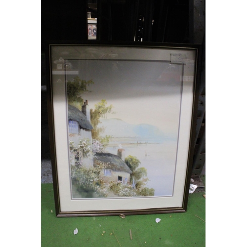 1124 - THREE FRAMED PICTURES TO INCLUDE A STILL LIFE WATERCOLOUR AND A COUNTRY HOUSE COASTAL SCENE PLUS COU... 